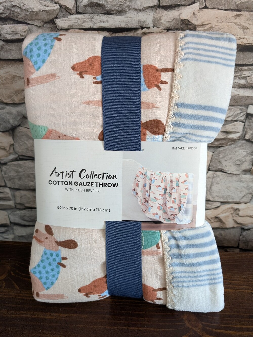 Cotton Gauze Throw - Blue/Beige Puppy Print Bex Morley 60x70